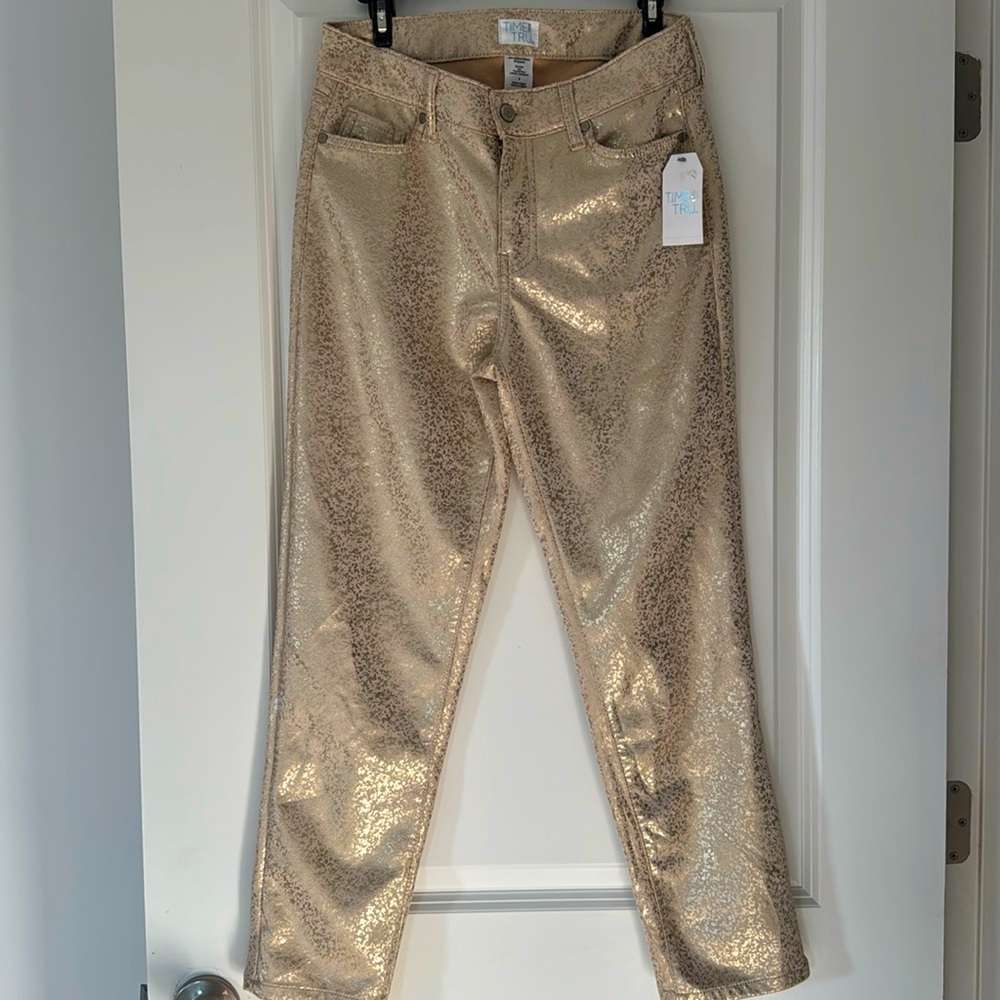 NWT Time And Tru women’s Metallic Printed Mid-Rise Slim Fit Pant. Size 4. Gold. - Picture 2 of 6